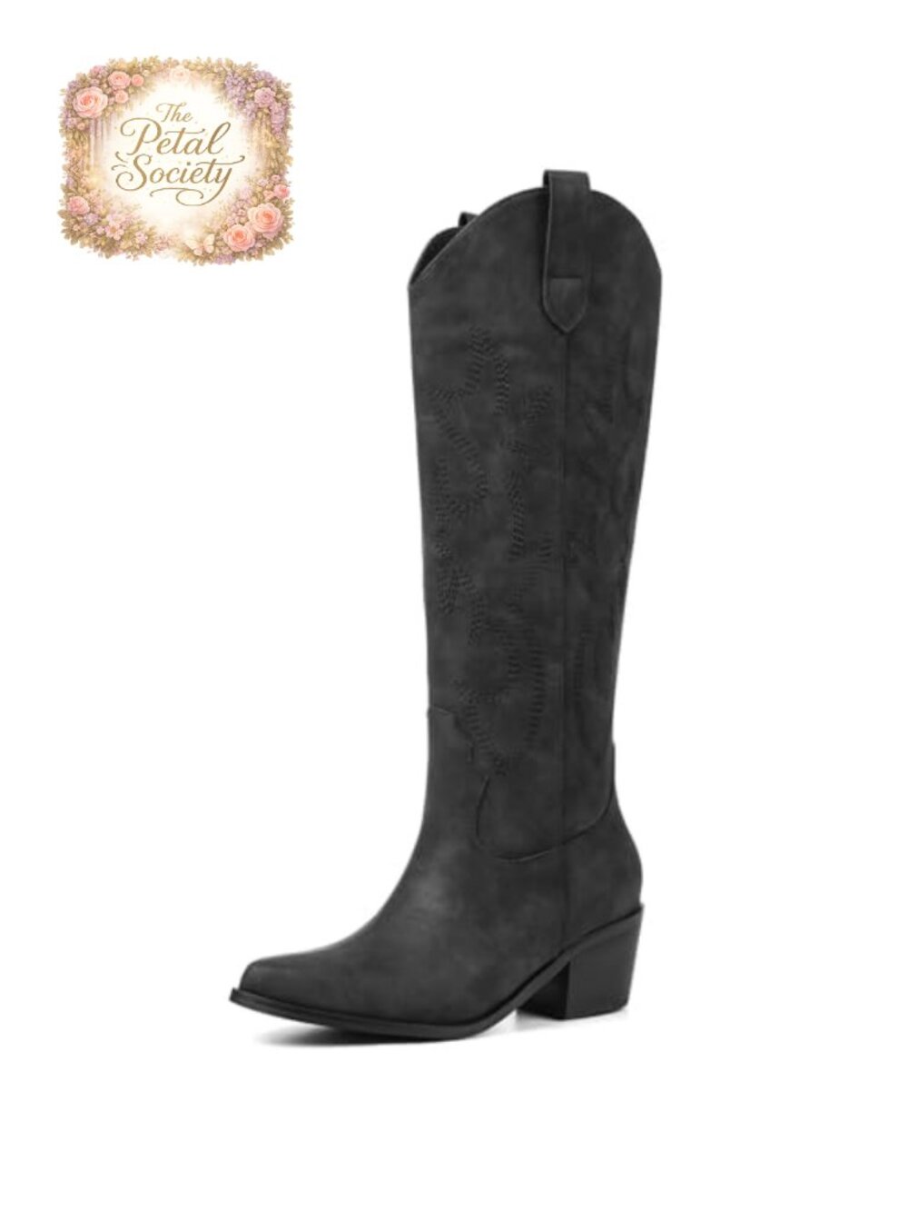 Wide Calf Knee High Western Cowgirl Boots Slip On Block Heel Pointed Toe Women